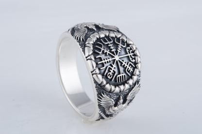 Vikings Vegvisir Symbol with Raven Style Gold or Sterling Silver Norse Ring