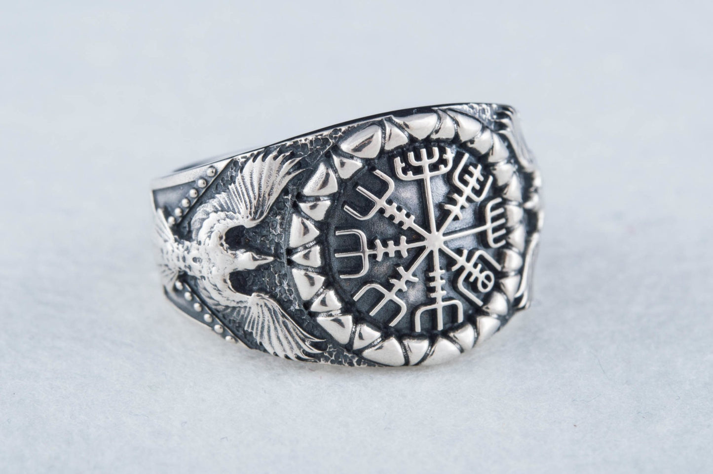 Vikings Vegvisir Symbol with Raven Style Gold or Sterling Silver Norse Ring