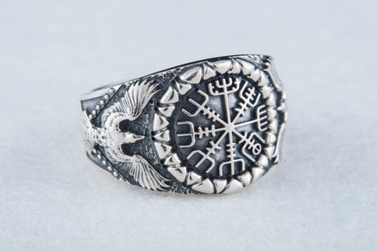 Vikings Vegvisir Symbol with Raven Style Gold or Sterling Silver Norse Ring