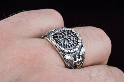 Vikings Vegvisir Symbol with Raven Style Gold or Sterling Silver Norse Ring