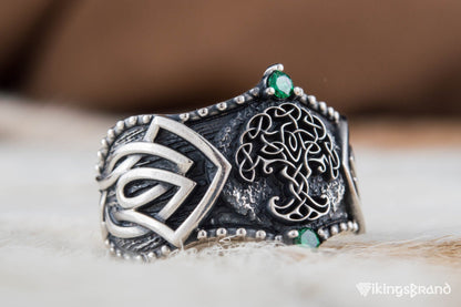Vikings Yggdrasil Symbol with Norse Ornament Sterling Silver Viking Ring
