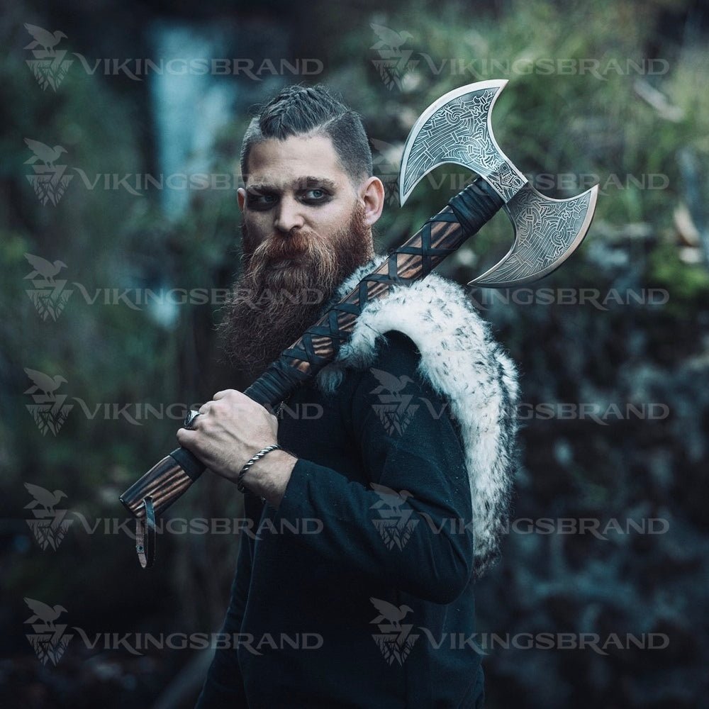 VikingsBrand Odin’s Twin-Blade Viking Axe – Hand-Forged Collectible