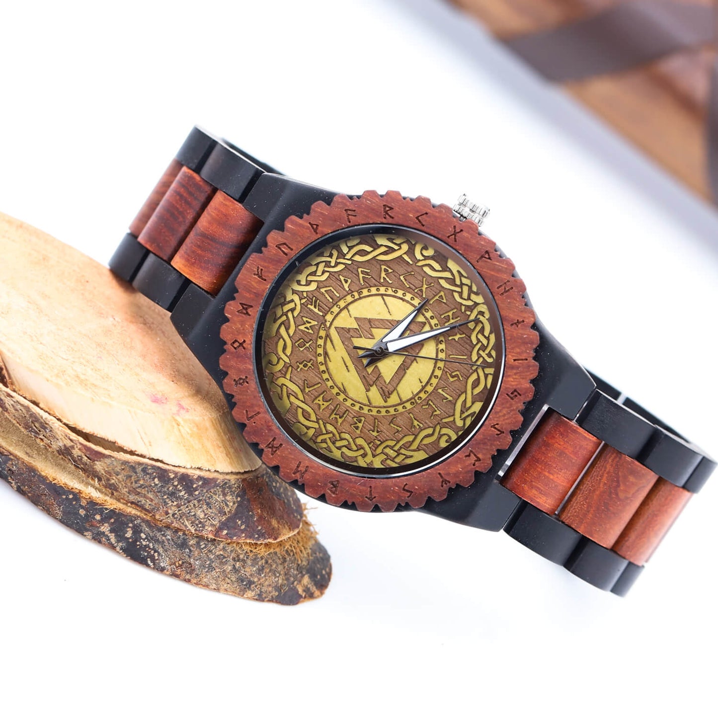 Harald Viking Wooden Watch with Carved Valknut Viking Symbol & Custom Engravings
