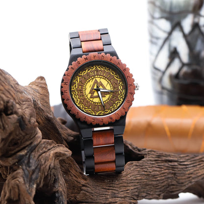 Harald Viking Wooden Watch with Carved Valknut Viking Symbol & Custom Engravings