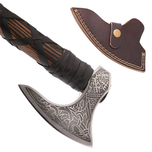 Hand-Crafted Viking Battle axe, wolf head and Vegvísir Engraved