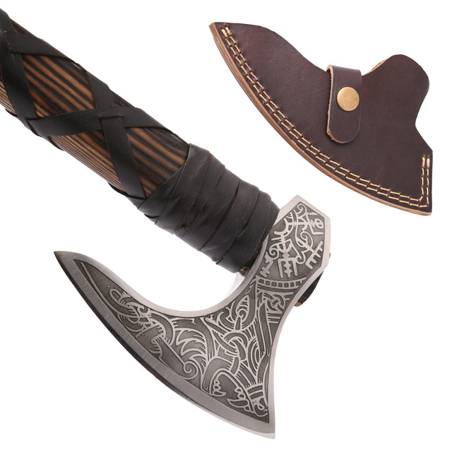 Hand-Crafted Viking Battle axe, wolf head and Vegvísir Engraved