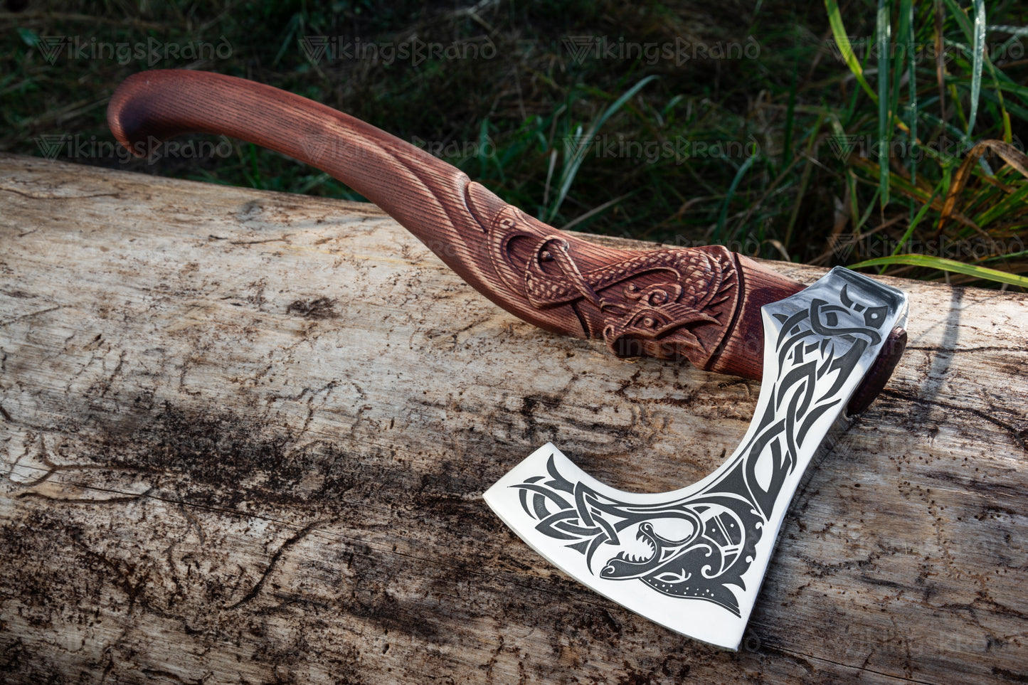 Hand Forged Viking Axe with Mighty Fenrir and Leather Cover