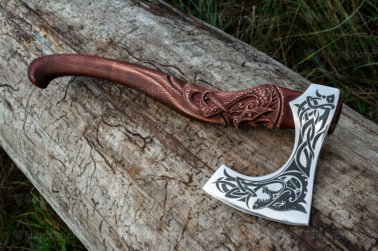 Hand Forged Viking Axe with Mighty Fenrir and Leather Cover