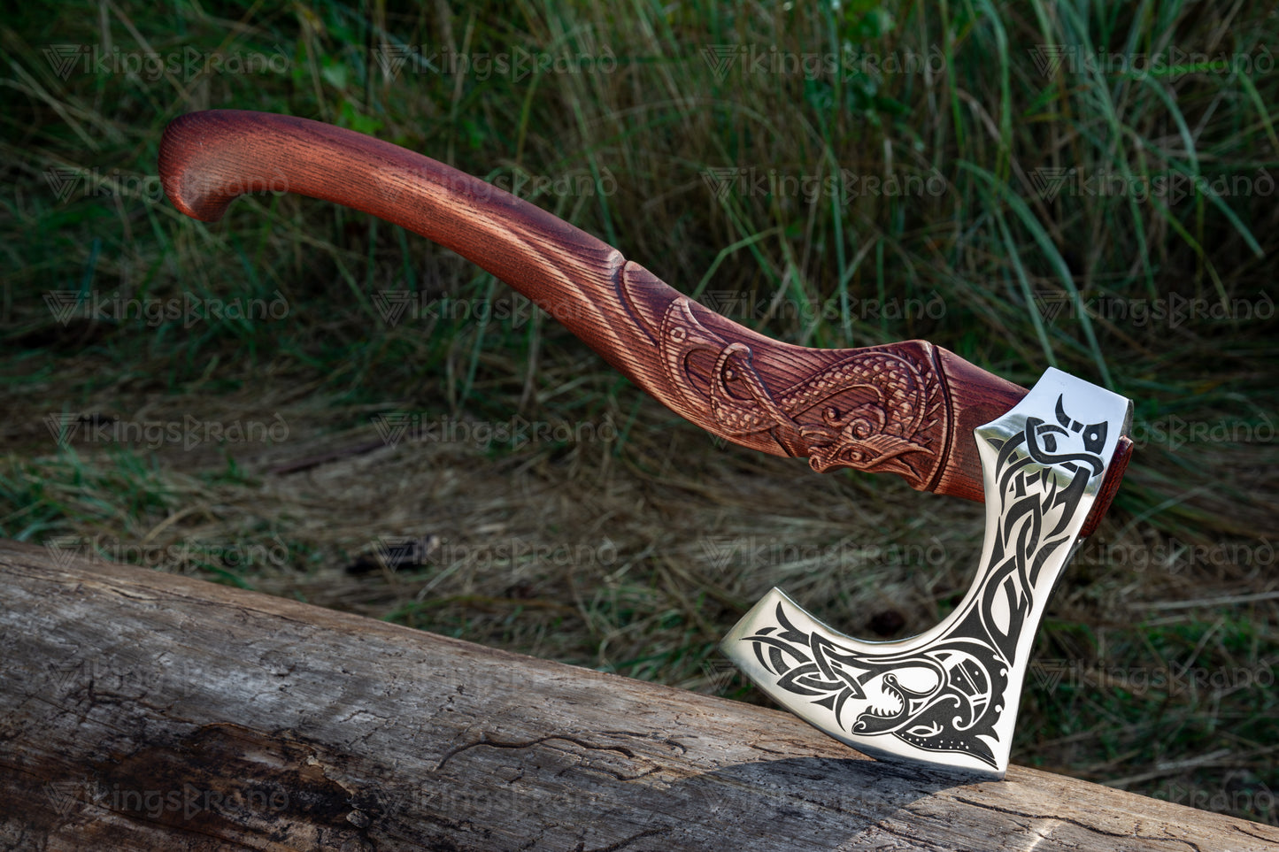 Hand Forged Viking Axe with Mighty Fenrir and Leather Cover