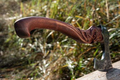 Hand Forged Viking Axe with Mighty Fenrir and Leather Cover