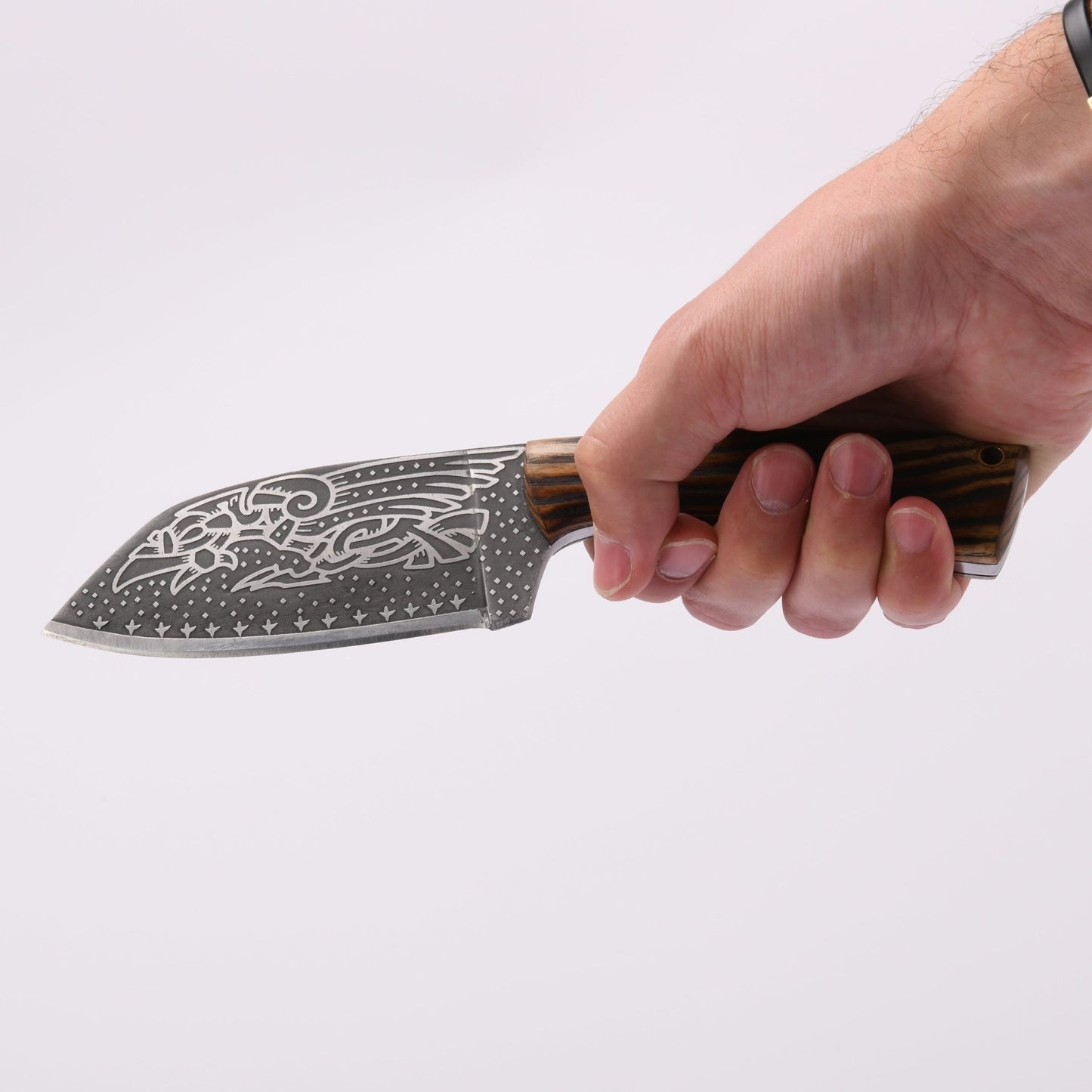 VikingsBrand Viking-styled Knife - Huginn & Muninn Hand Forged Knife with Raven Engraving