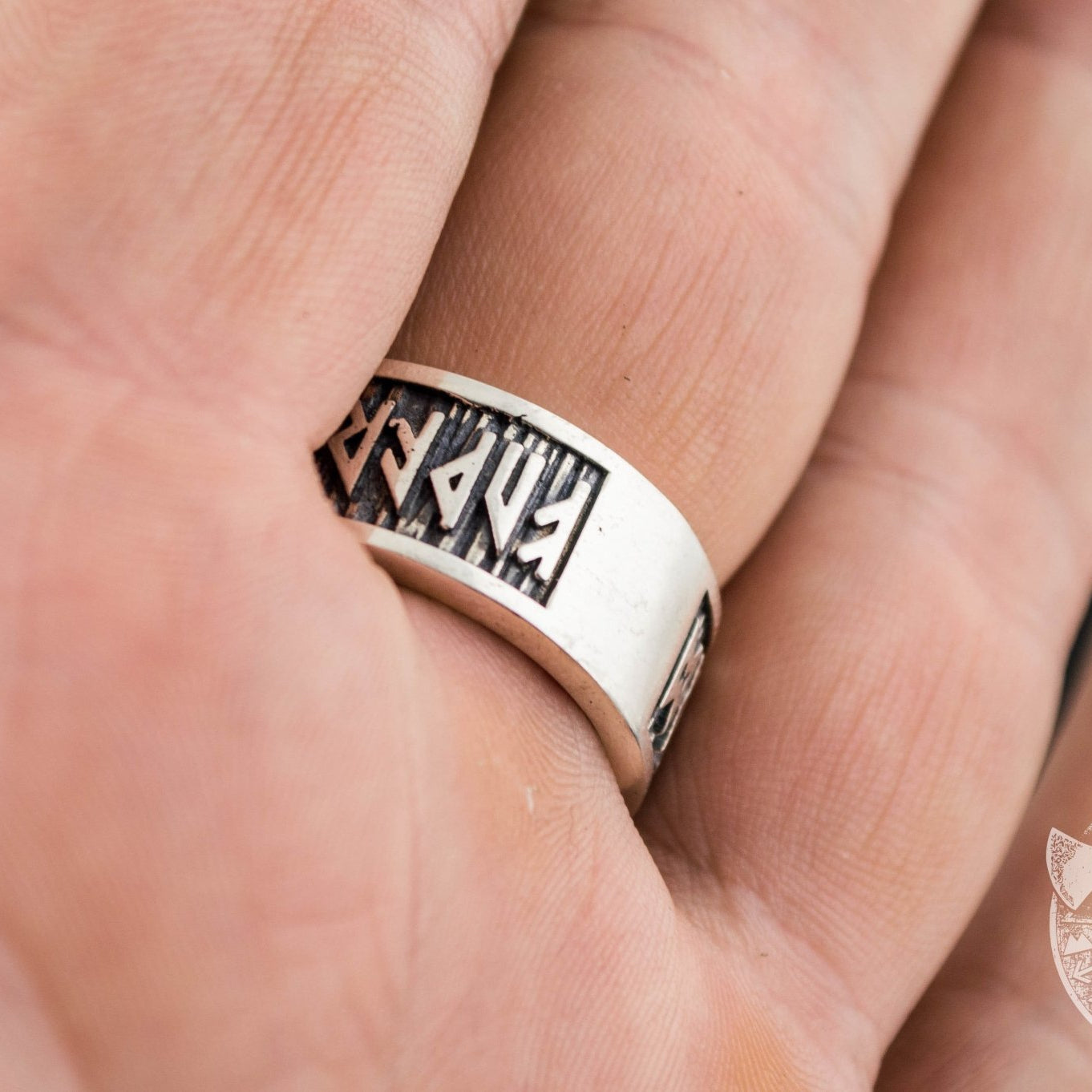 Wide Rim Elder Futhark Runes 925 Sterling Silver Viking Ring - VikingsBrand