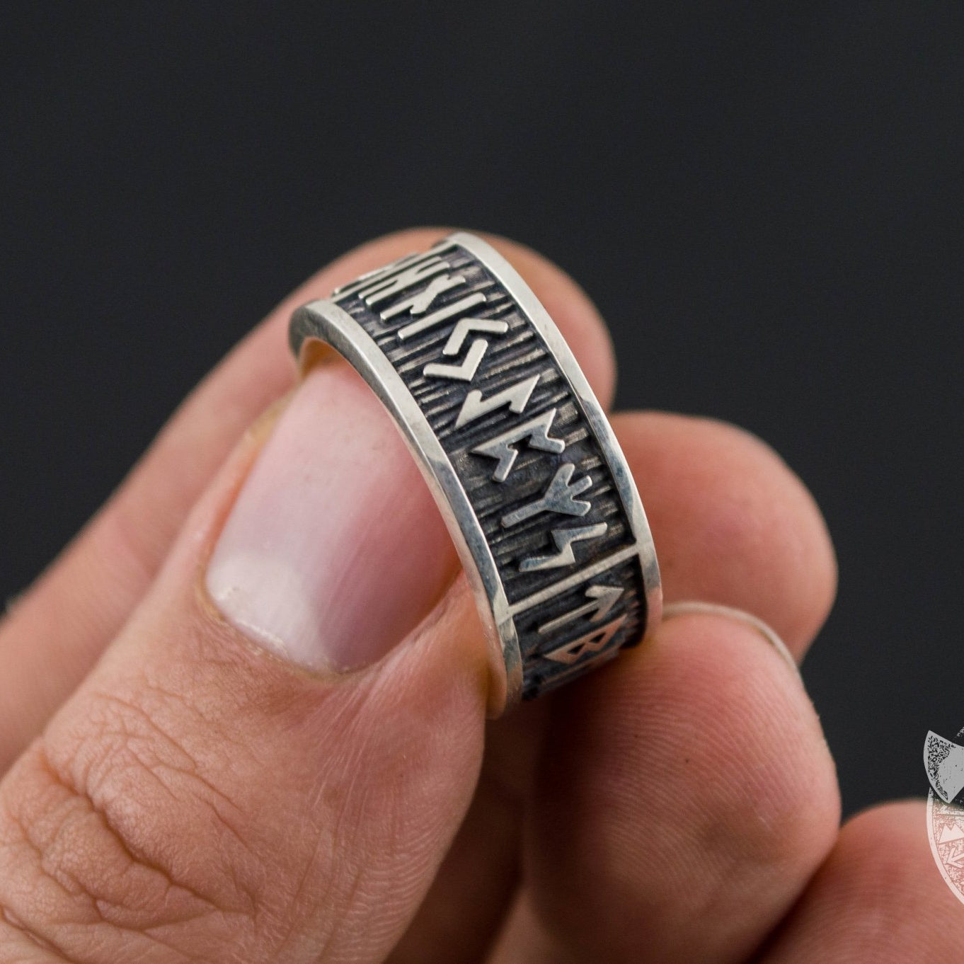 Wide Rim Elder Futhark Runes 925 Sterling Silver Viking Ring - VikingsBrand