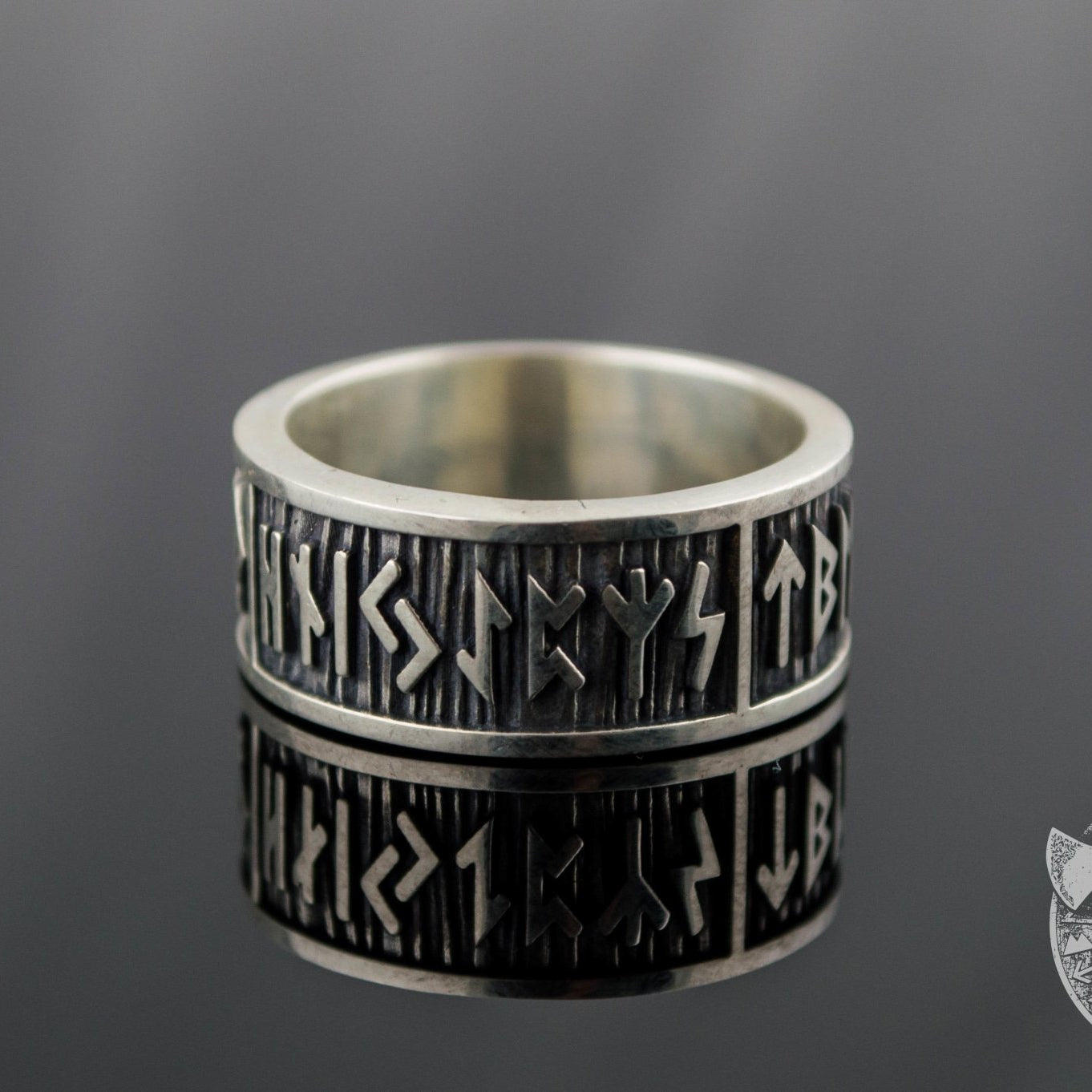 Wide Rim Elder Futhark Runes 925 Sterling Silver Viking Ring - VikingsBrand