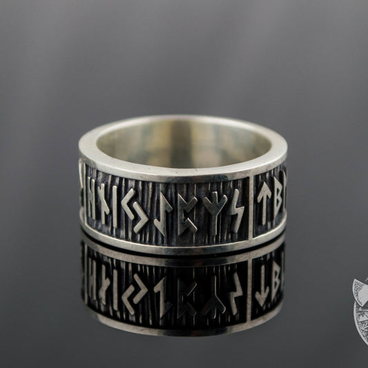Wide Rim Elder Futhark Runes 925 Sterling Silver Viking Ring - VikingsBrand