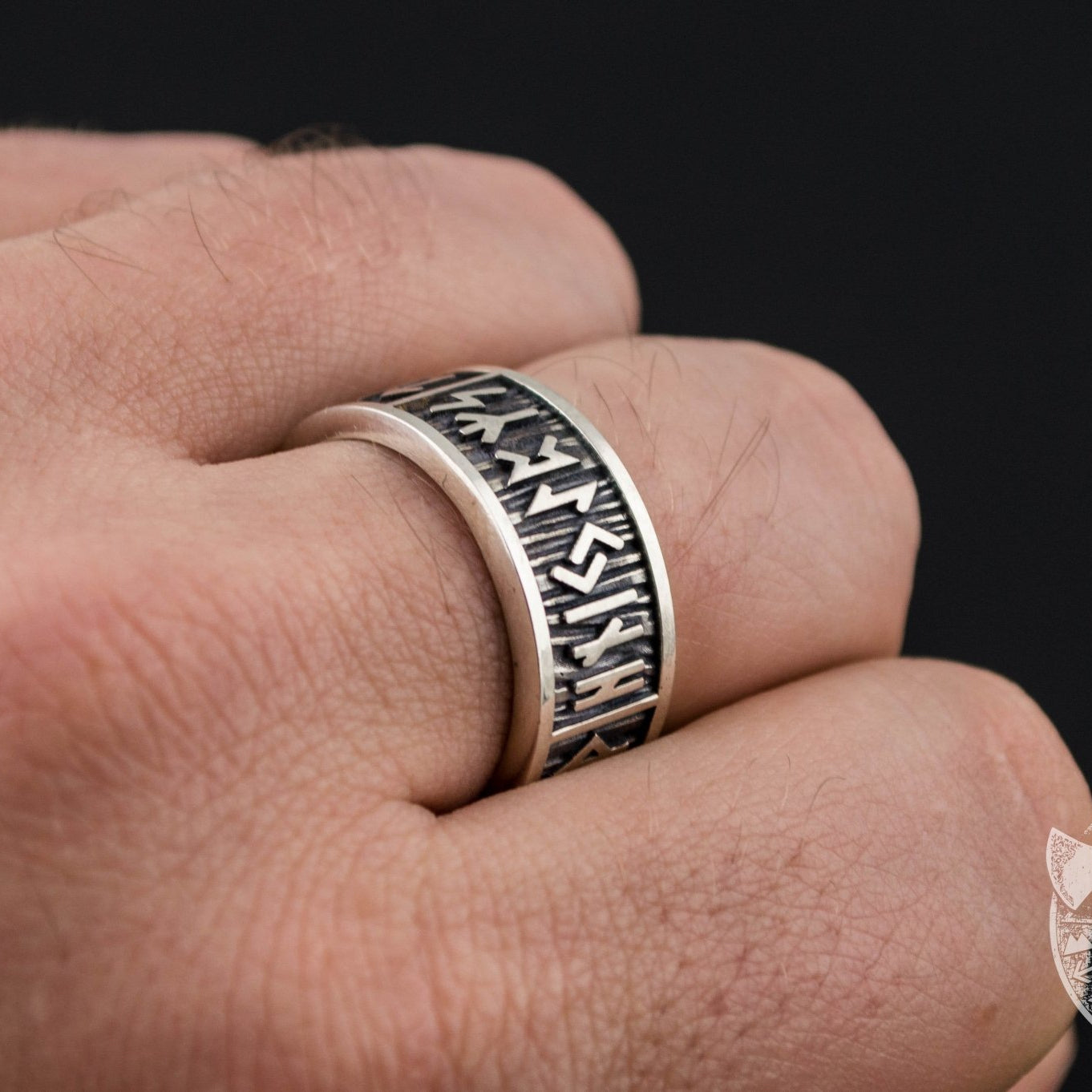 Wide Rim Elder Futhark Runes 925 Sterling Silver Viking Ring - VikingsBrand