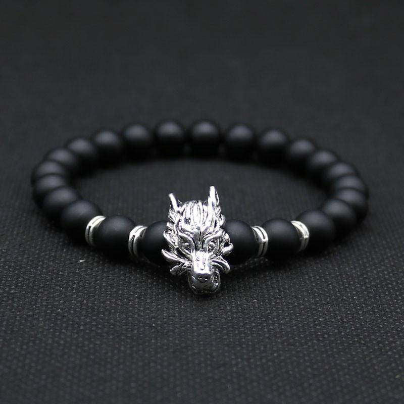 Wolf Head Bracelet With Natural Black Lava Rock - VikingsBrand