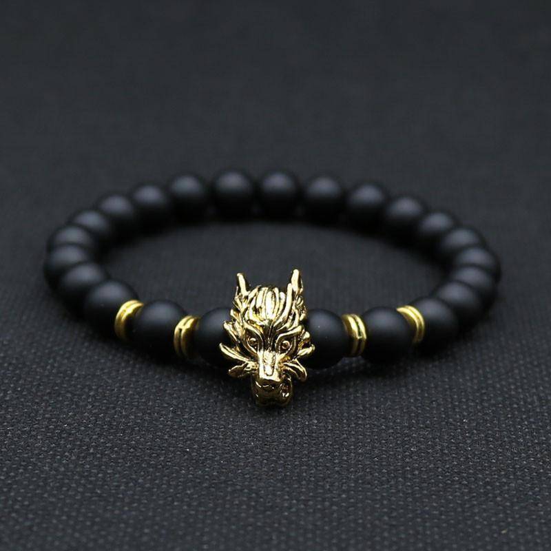 Wolf Head Bracelet With Natural Black Lava Rock - VikingsBrand