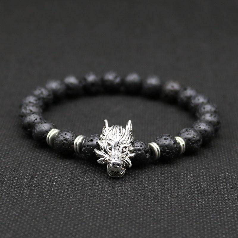Wolf Head Bracelet With Natural Black Lava Rock - VikingsBrand