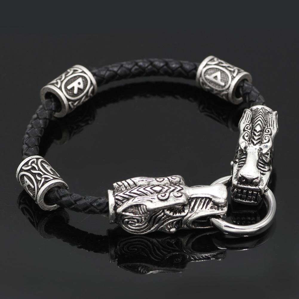 Wolf Head Genuine Leather Bracelet with 3 Runes - VikingsBrand