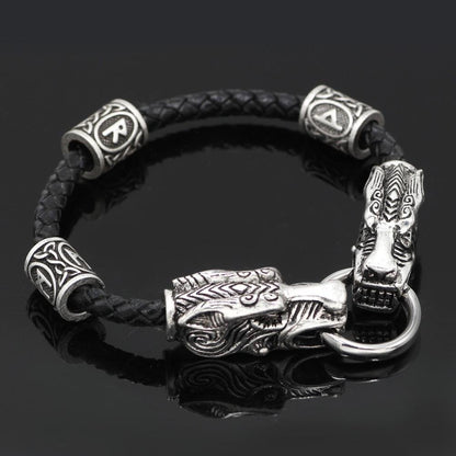Wolf Head Genuine Leather Bracelet with 3 Runes - VikingsBrand