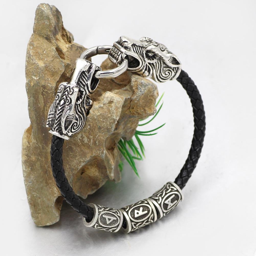 Wolf Head Genuine Leather Bracelet with 3 Runes - VikingsBrand