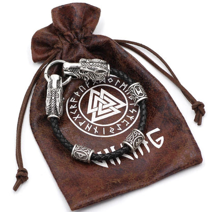 Wolf Head Genuine Leather Bracelet with 3 Runes - VikingsBrand