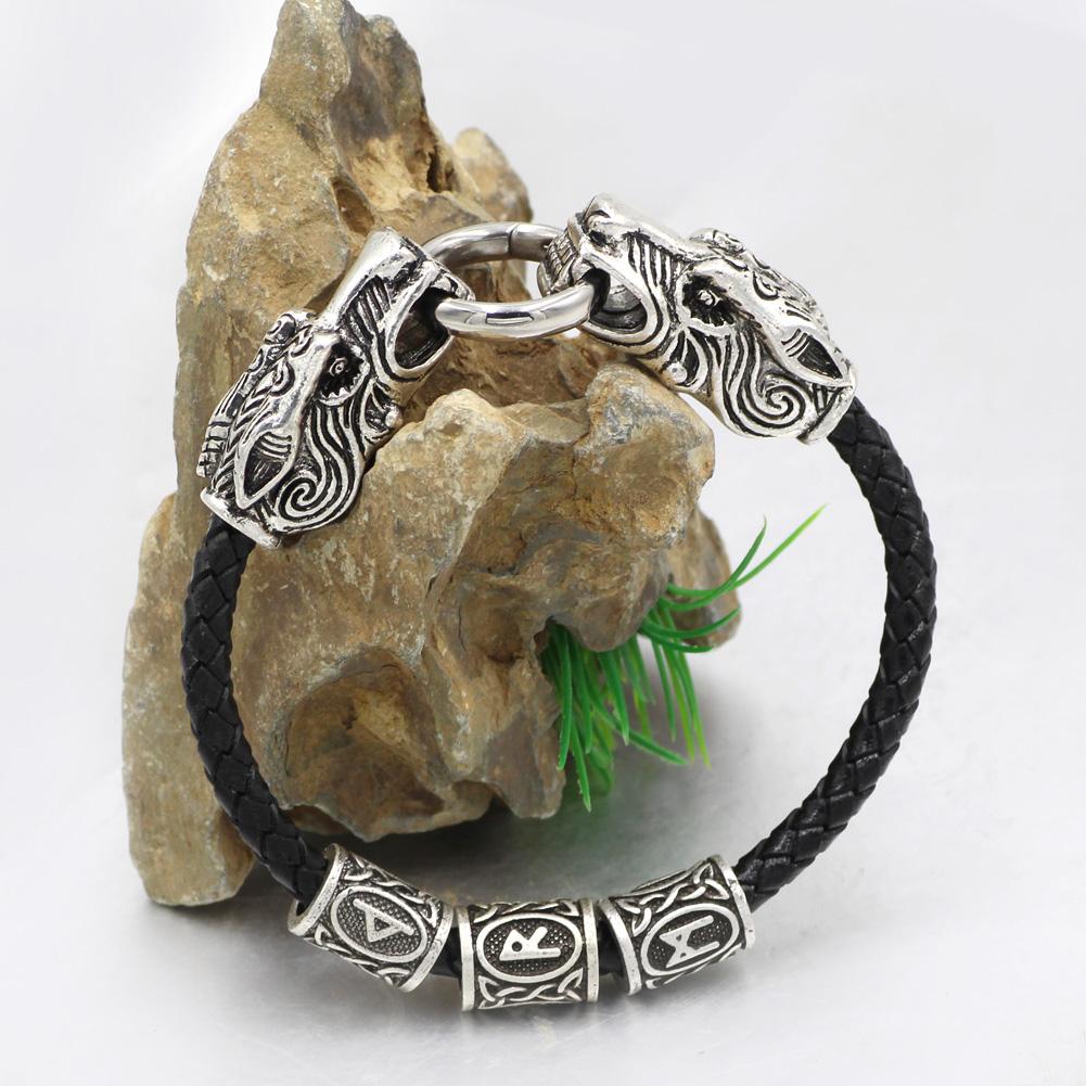 Wolf Head Genuine Leather Bracelet with 3 Runes - VikingsBrand