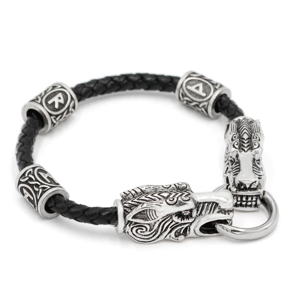 Wolf Head Genuine Leather Bracelet with 3 Runes - VikingsBrand