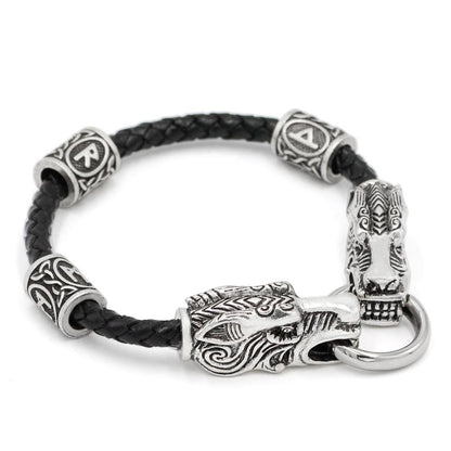 Wolf Head Genuine Leather Bracelet with 3 Runes - VikingsBrand