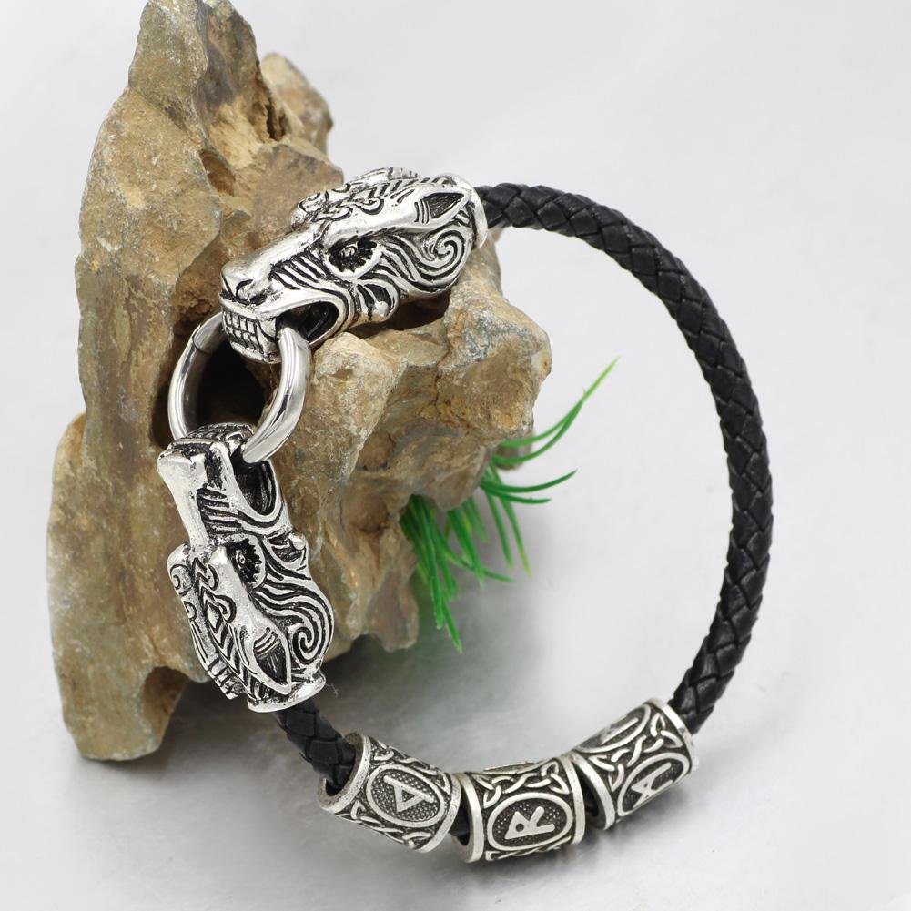 Wolf Head Genuine Leather Bracelet with 3 Runes - VikingsBrand