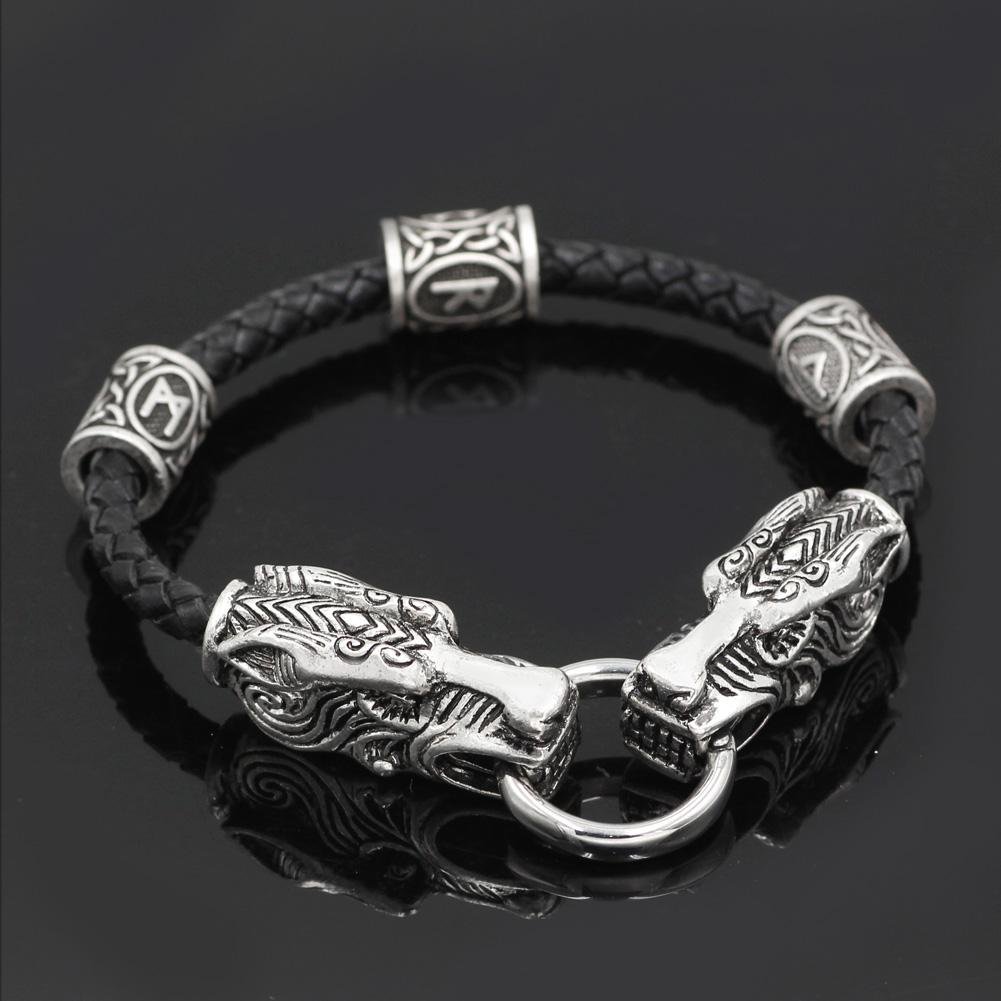 Wolf Head Genuine Leather Bracelet with 3 Runes - VikingsBrand