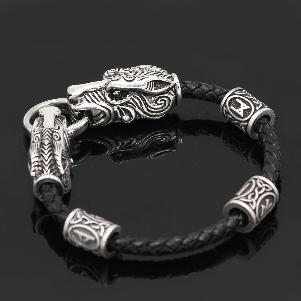 Wolf Head Genuine Leather Bracelet with 3 Runes - VikingsBrand