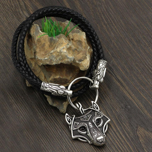 Wolf Head Genuine Leather Necklace with Wolf Head Pendant - VikingsBrand