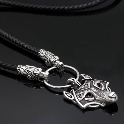 Wolf Head Genuine Leather Necklace with Wolf Head Pendant - VikingsBrand