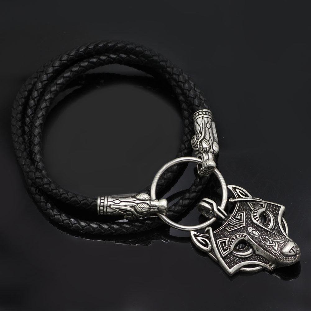 Wolf Head Genuine Leather Necklace with Wolf Head Pendant - VikingsBrand