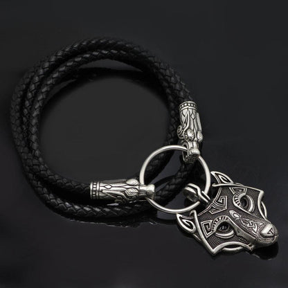 Wolf Head Genuine Leather Necklace with Wolf Head Pendant - VikingsBrand