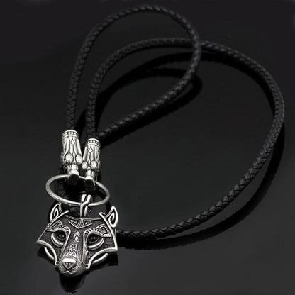 Wolf Head Genuine Leather Necklace with Wolf Head Pendant - VikingsBrand