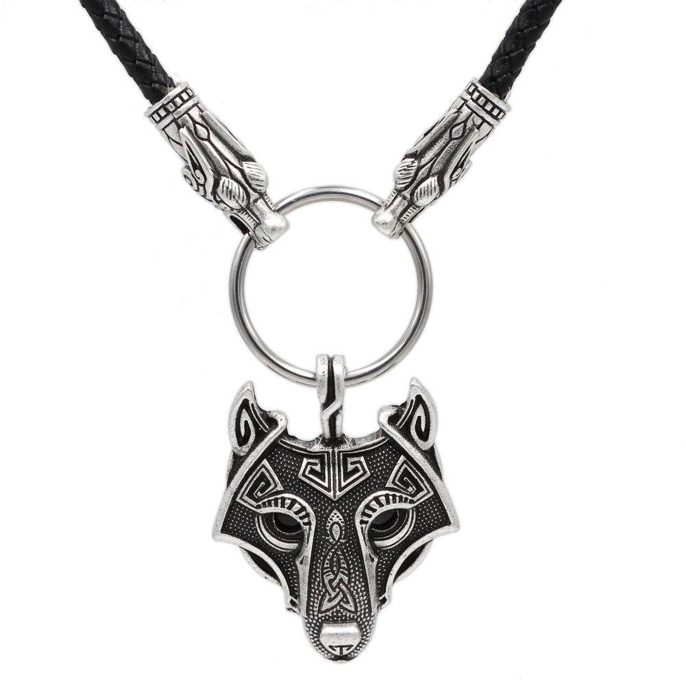 Wolf Head Genuine Leather Necklace with Wolf Head Pendant - VikingsBrand