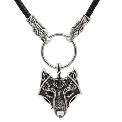 Wolf Head Genuine Leather Necklace with Wolf Head Pendant - VikingsBrand