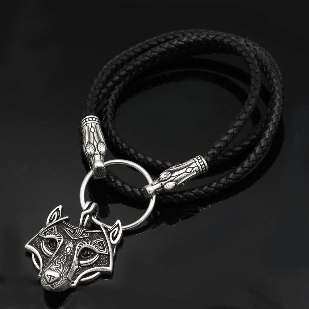 Wolf Head Genuine Leather Necklace with Wolf Head Pendant - VikingsBrand