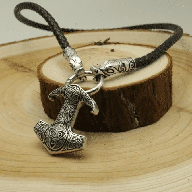 Wolf Head Necklace with Raven Mjolnir - VikingsBrand