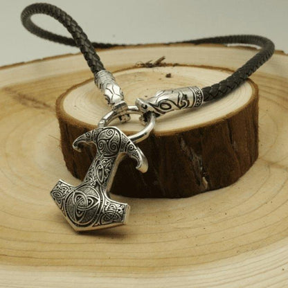 Wolf Head Necklace with Raven Mjolnir - VikingsBrand