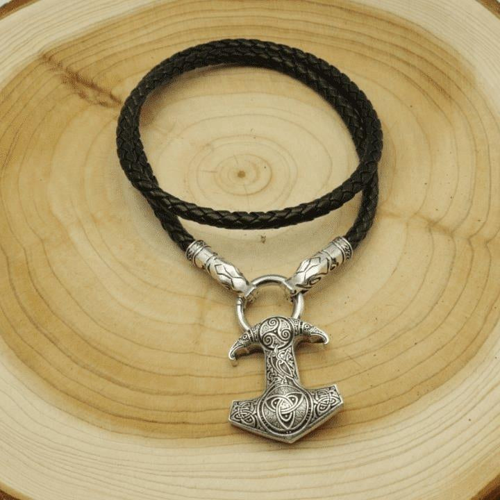 Wolf Head Necklace with Raven Mjolnir - VikingsBrand
