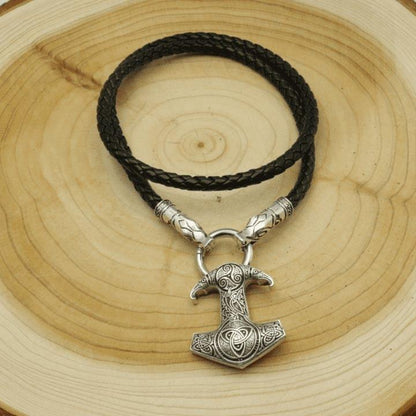 Wolf Head Necklace with Raven Mjolnir - VikingsBrand