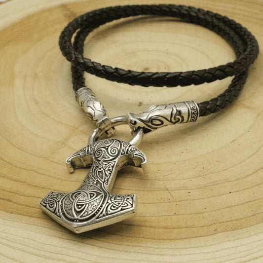 Wolf Head Necklace with Raven Mjolnir - VikingsBrand