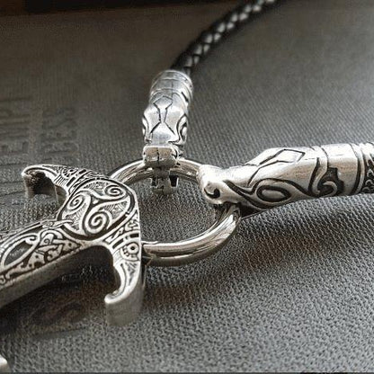Wolf Head Necklace with Raven Mjolnir - VikingsBrand