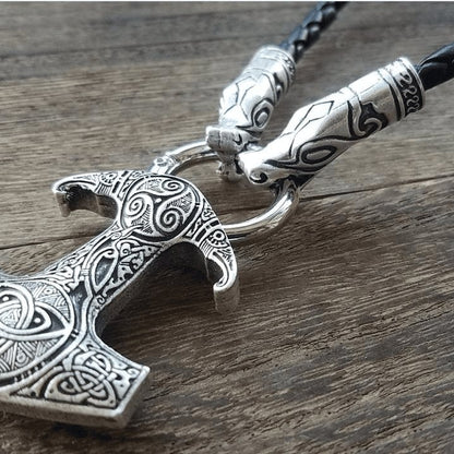 Wolf Head Necklace with Raven Mjolnir - VikingsBrand