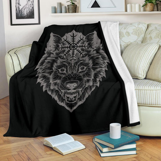 Wolf Head with Helm of Awe Fleece Blanket - VikingsBrand