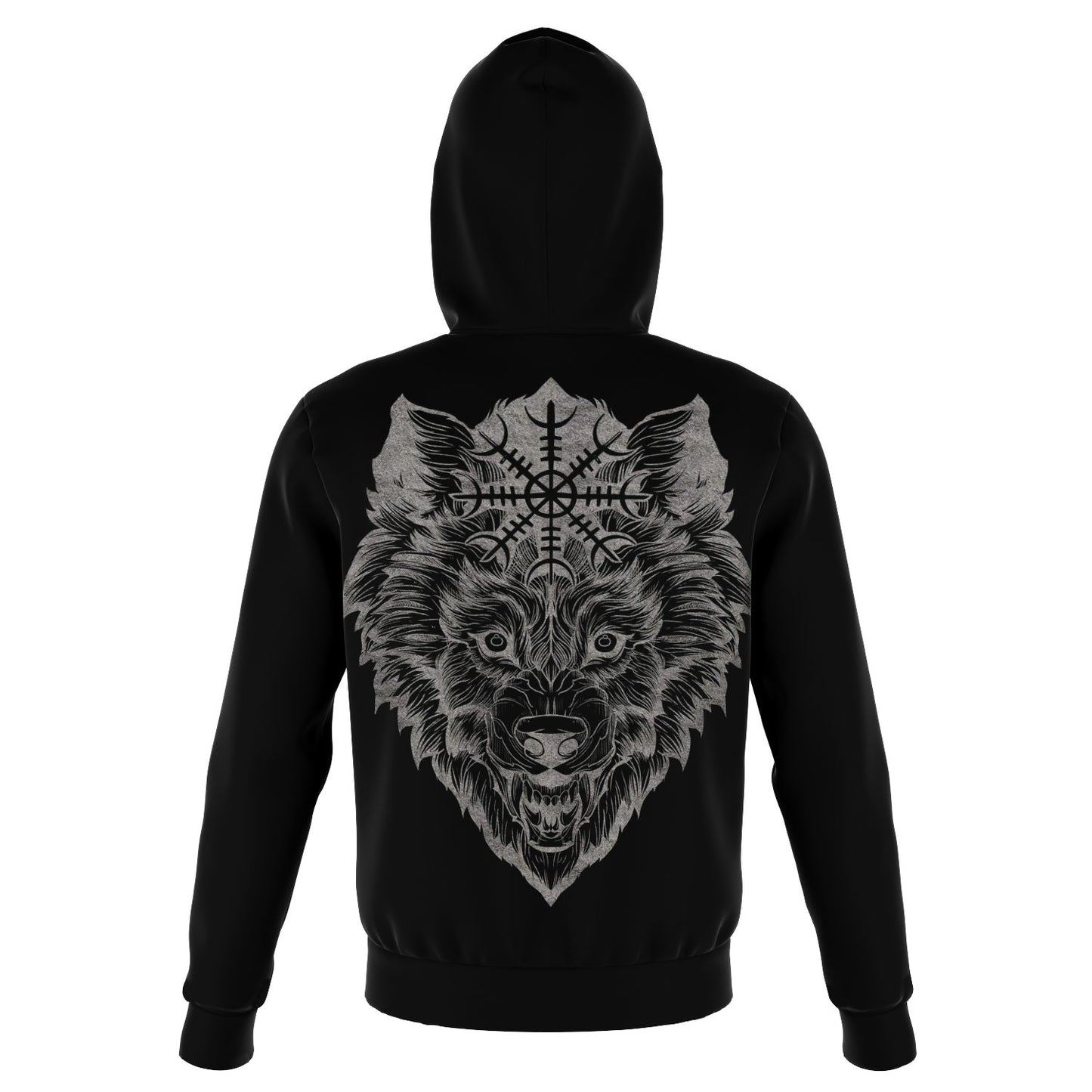Wolf Head with Helm of Awe Hoodie Back - VikingsBrand